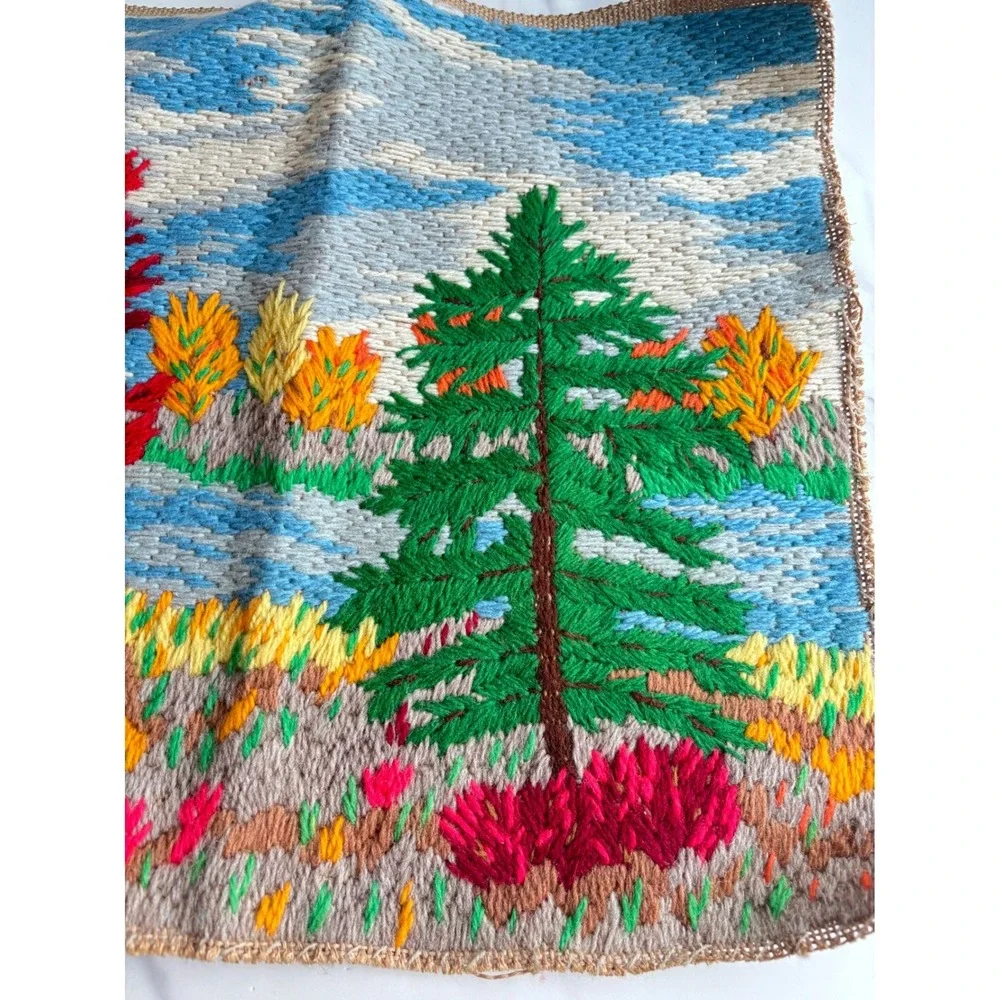 Vintage Hand Stitched Needlepoint Landscape Tree Scene Burlap Textile Art 14x12